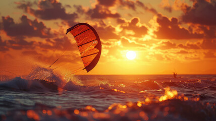 Obraz premium Kite boarding. Kitesurf freestyle at sunset.generative ai