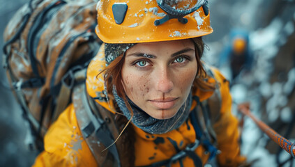 Fototapeta premium an image of a male, female or construction worker climbing in an elevated position,generative ai