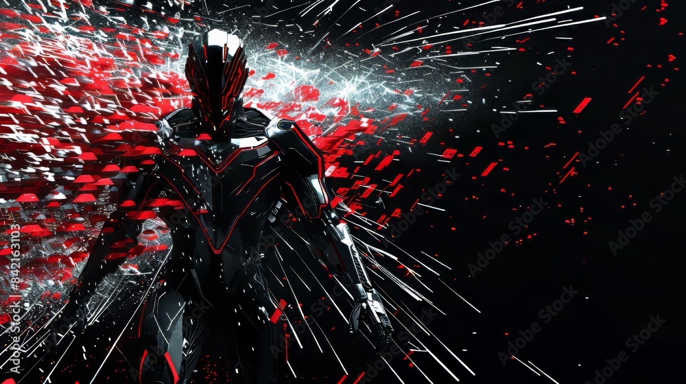 Wall mural A futuristic cyber warrior depicted with explosive effects in a dramatic and intense scene. The dark background contrasts with the vibrant red and metallic elements.