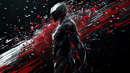 A futuristic cyber warrior depicted with explosive effects in a dramatic and intense scene. The dark background contrasts with the vibrant red and metallic elements.