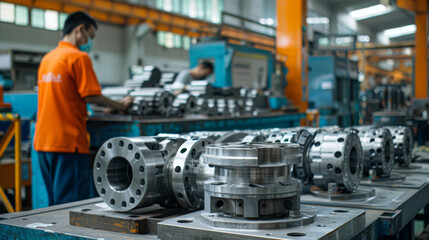 Fototapeta premium Workers operating machinery in a modern manufacturing facility, focusing on precision engineering and large metal components.