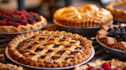 A variety of freshly baked fruit pies with different toppings and lattice designs, displayed on a table.
