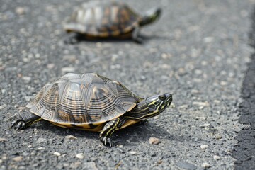Obraz premium Two turtles on asphalt attentive to surroundings.