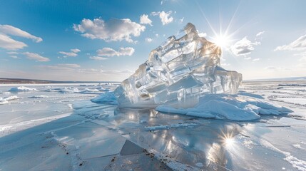 A large, clear ice formation stands out against a backdrop of a frozen lake and blue sky. The sun glints off the ice, creating a beautiful and serene winter scene.