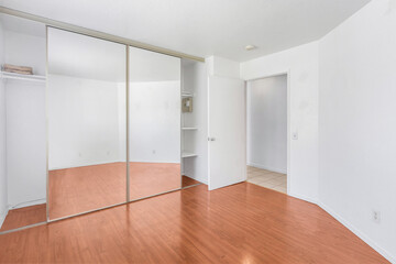 A vacant room with hardwood floors and white walls with a large mirror. Great for virtual staging images