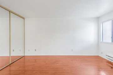 A vacant room with hardwood floors and white walls with a large mirror. Great for virtual staging images