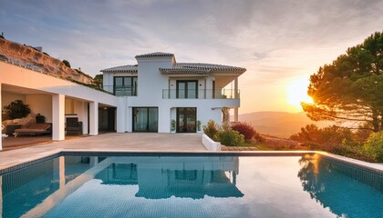 Fototapeta premium Elegant Villa Escape, Infinity Pool and Sunset Panoramic View