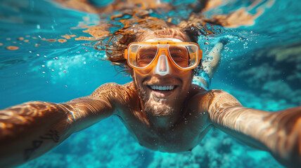 Fototapeta premium Underwater shoot of a young man jumping in a sea.generative ai