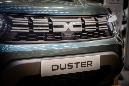 BELGRADE, SERBIA - MARCH 23, 2024: Showroom Licence plate for a Dacia Duster SUV for sale in a dealership in Belgrade. Dacia Duster is a fench romanian SUV, a crossover.