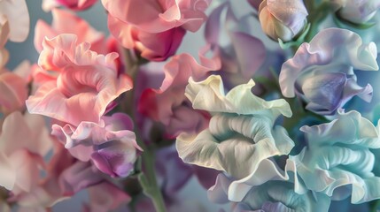Beautiful close-up of sweet pea flowers with pastel colors and a dreamy effect