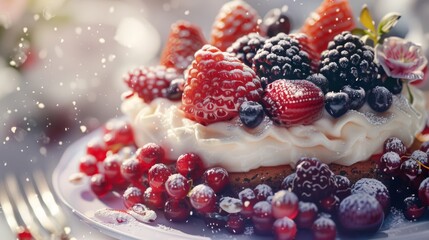 A luscious berry tart topped with a variety of fresh berries on a white plate