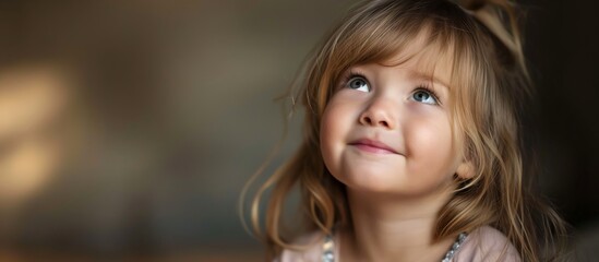 Innocence and curiosity shine through a lovely young girl, with a hopeful gaze reflecting the purity and joy of childhood, capturing a moment of gentle delight and innocence in a childs world