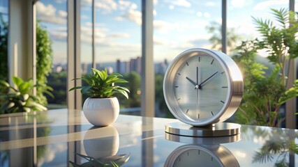 A clock sits on a table in front of a window with a view of mountains