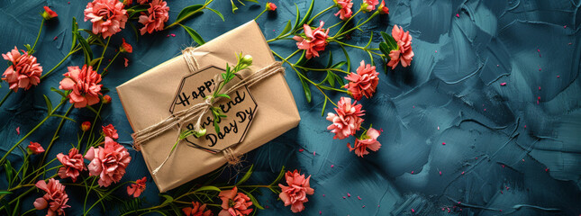 Happy Fathers Day banner template. Top view vintage gift box with label Happy Father's Day on blue background.generative ai