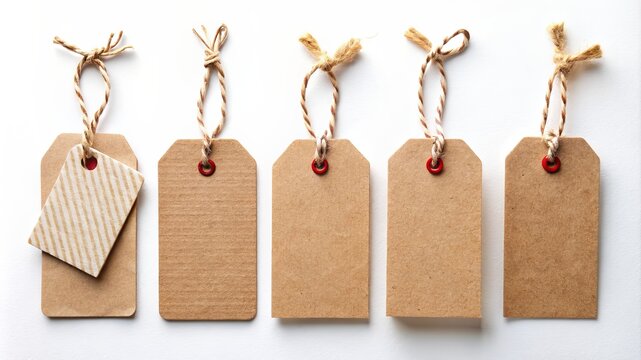A row of brown tags with red tags hanging from a white background