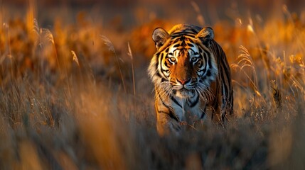 A prowling tiger in tall grass