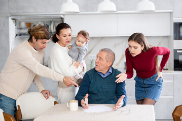 Family members giving advice to old man and discussing inheritance