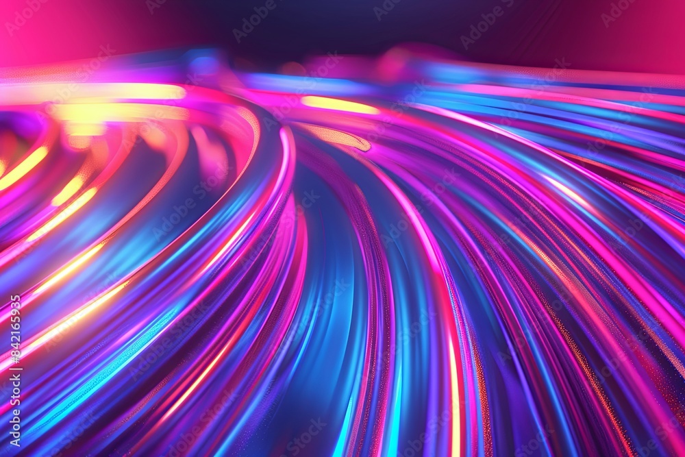 Poster a digitally rendered image of colorful, abstract lines in a swirling pattern on a dark background. g