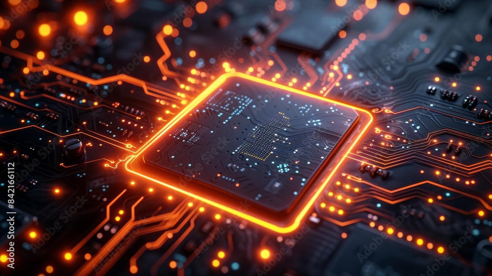 Fototapete close-up of a computer microchip with orange glowing circuits, futuristic technology. high-tech conc