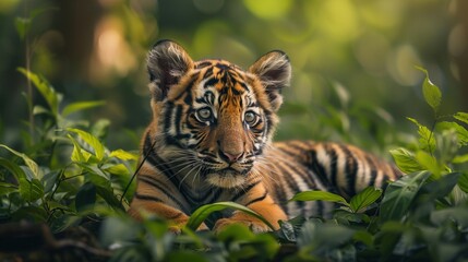 Fototapeta premium A playful tiger cub in a lush jungle