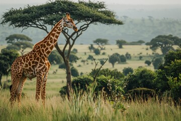 Obraz premium Giraffe Standing in Lush Green Field