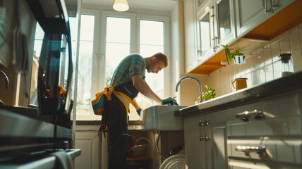 a man-plumber is fixing the leak under the sink, man is wearing working clothes with tools, a beautiful kitchen with a modern interior,generative ai