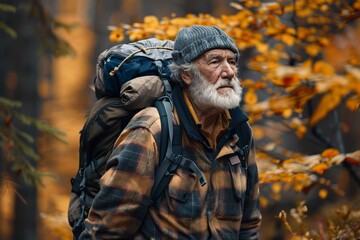 Obraz premium Elderly Man Hiking in the Woods