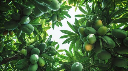 View of mango fruits on the tree from below young green mangoes in spherical form
