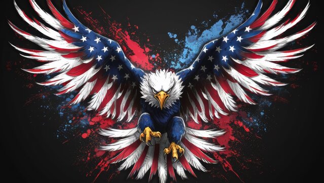 A painting of an usa flag colored eagle with a flag painted on its wings, AI