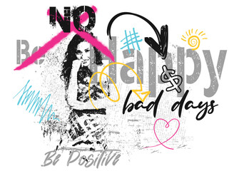 Naklejka premium be happy be positive slogan, graffiti slogan print with neon spray, t shirt graphics print vector illustration design, Urban typography hipster street art for graphic t- shirt and other. eps8