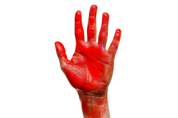 Hand raised gesture with stop sign painted, concept - isolated on white background