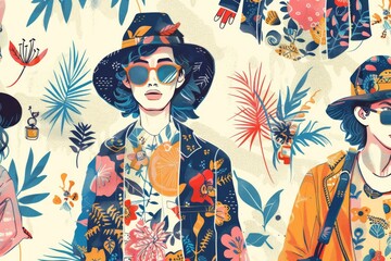 Fashionable illustration: A woman wearing a hat and sunglasses, capturing the mood of summer.
