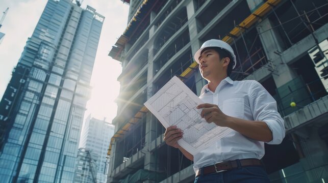 Asian architect analyzing architectural plans while standing at the base of a skyscraper under construction - Powered by Adobe