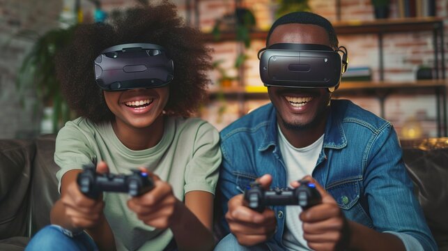 Happy friends playing video games with virtual reality - Powered by Adobe
