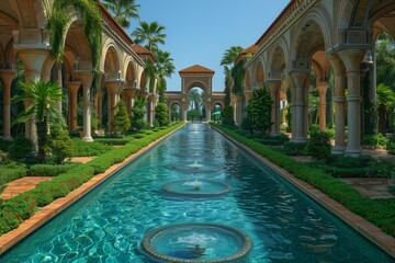 Obraz premium A long, narrow pool surrounded by lush greenery and columns creates a serene setting at a luxury resort