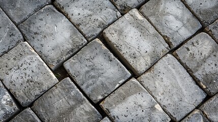 Detailed close up view of a pattern of gray cement blocks