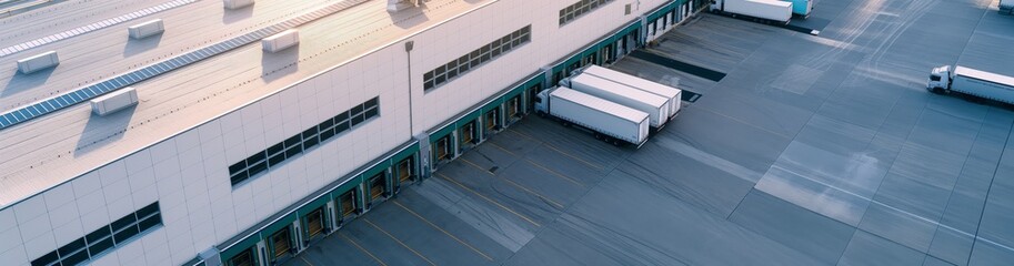 Obraz premium An aerial view of a modern warehouse and distribution center featuring loading docks, trucks, and storage facilities for managing logistics, supply chain, and industrial operations