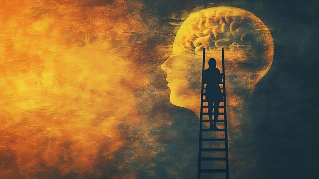 silhouette of a person climbing ladder towards illuminated brain on abstract background. Concept of knowledge pursuit and personal development