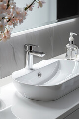 Fototapeta premium Washbasin countertop with a high-end simple texture, set against a light blue background. 