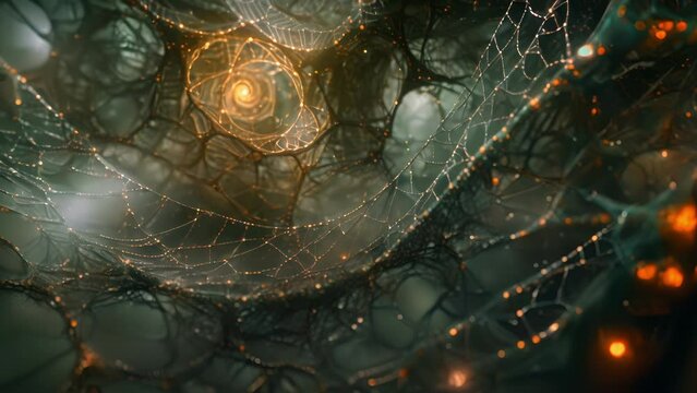 A climbing structure made of tangled strings and vibrating strings.