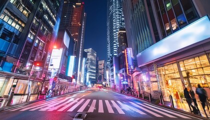 Fototapeta premium Urban Nightscape, Tokyo City Street, Neon Lights, Empty Road, Wide Angle