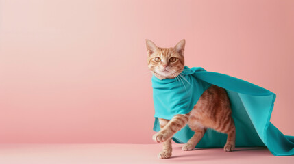 Naklejka premium superhero cat with blue cloak and mask, Cute orange tabby kitty in action on light pastel background with copy space for text