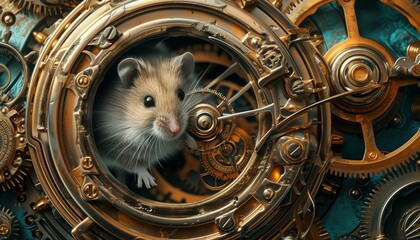 Adorable hamster running inside a clockwork mechanism. 🐹⏰ A charming display of tiny paws powering the intricate gears of time, blending cuteness with mechanical fascination. Perfect for animal and