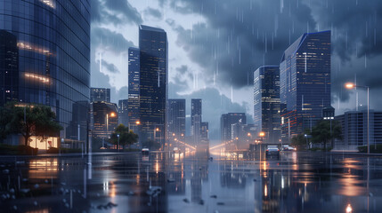 Naklejka premium beautiful modern buildings , rain and rainy clouds, in the cartoon style