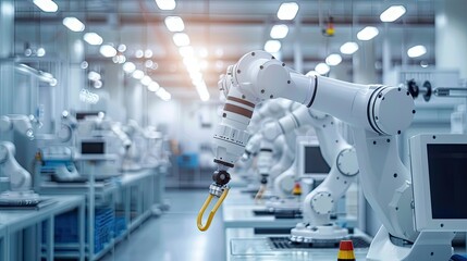 Precision Robot Arms on Fully Assembly Line Inside Modern Electronics Factory