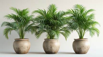 Obraz premium Three potted palm plants with green leaves on neutral background. Decorative indoor tropical plant arrangement
