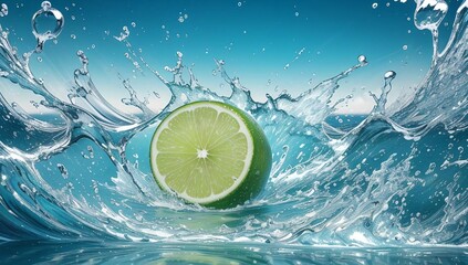 A vibrant image showcasing a fresh lime making a dynamic splash in clear, pristine water