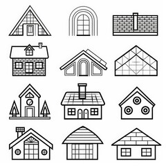 Architectural thin line icons showing different housetop designs and features such as skylights, vents, and chimneys