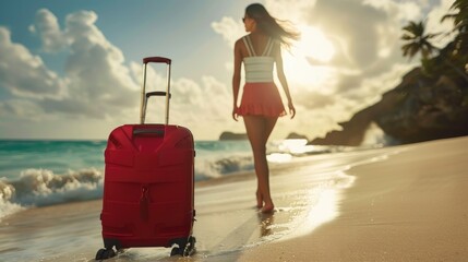 Vacation bliss - beautiful girl with luggage on beach of sea, embodying concept of rest and relaxation, capturing the serene moments of a seaside escape and the anticipation of a refreshing holiday