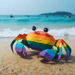 Obraz premium Rainbow Crab Captivates the Shore: Origami Creation Embraces the Beach